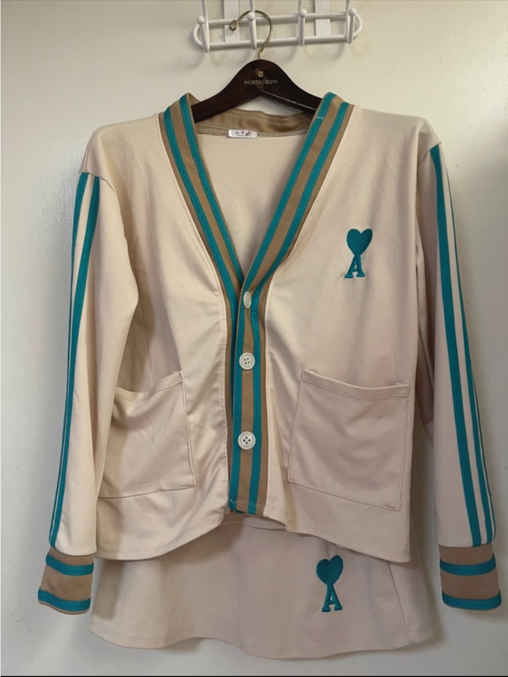 Beige Cardigan and skirt with Teal Heart 'A' Accent